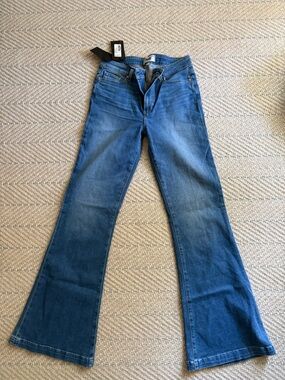 PAIGE Mid Blue Flare Jeans - High Rise Wide Leg GENEVIEVE